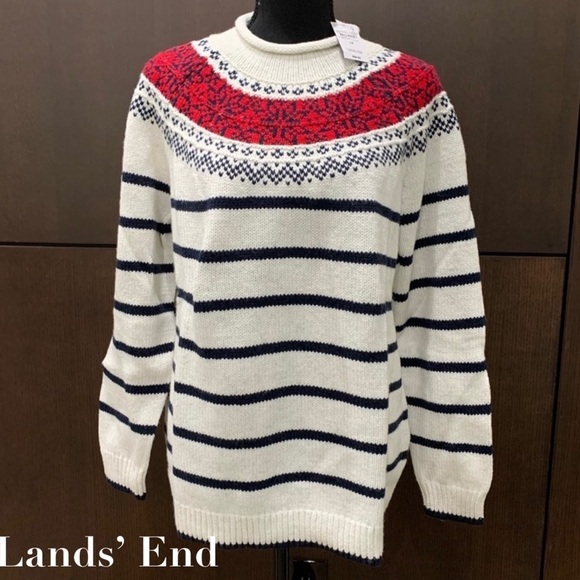 🔥 Land’s End NWT Roll Neck Cream Sweater red & blue 1X - Picture 3 of 11